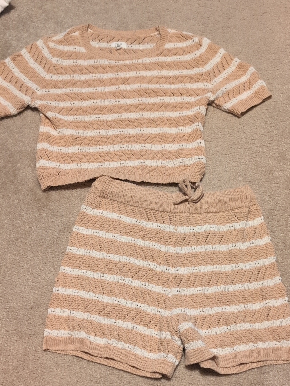 aerie Striped Knit Shorts Set - Cream & Tan